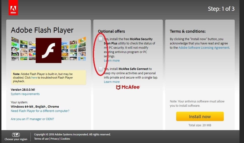 Adobe Flash Player Unchecked Optional Offers