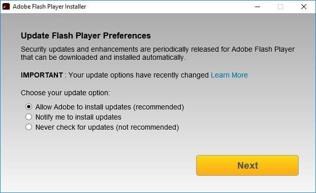 Adobe Flash Player Preferences Update Option