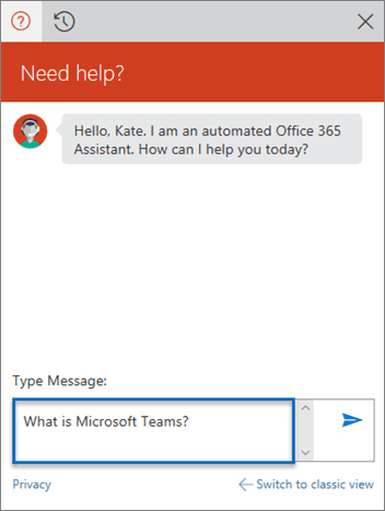 Screenshot of Microsoft Office Assistant Chat Window