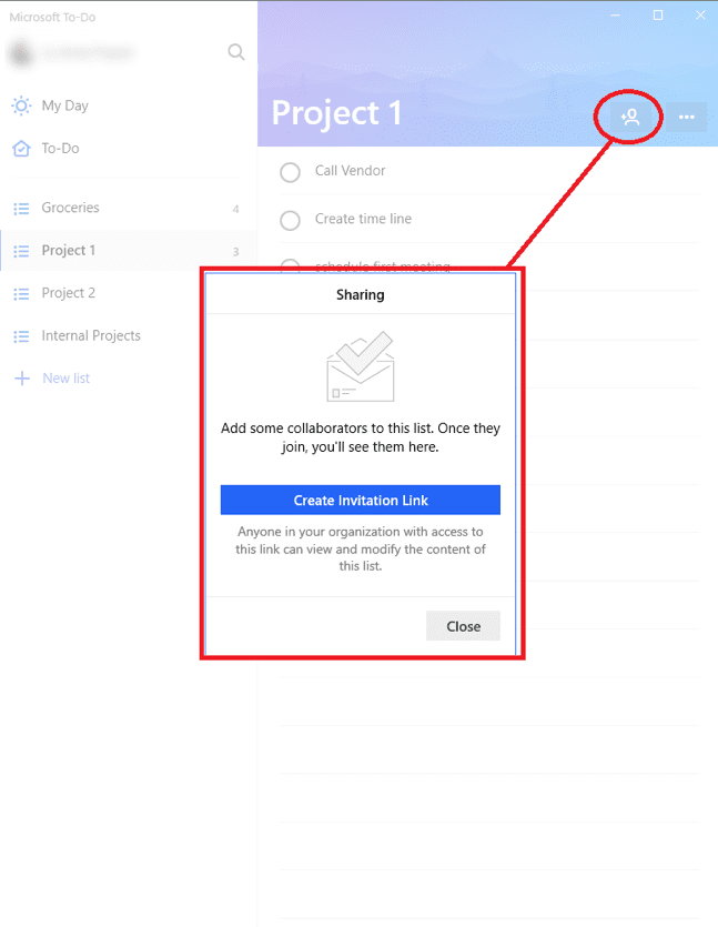 Screenshot of how to share Microsoft To-Do lists